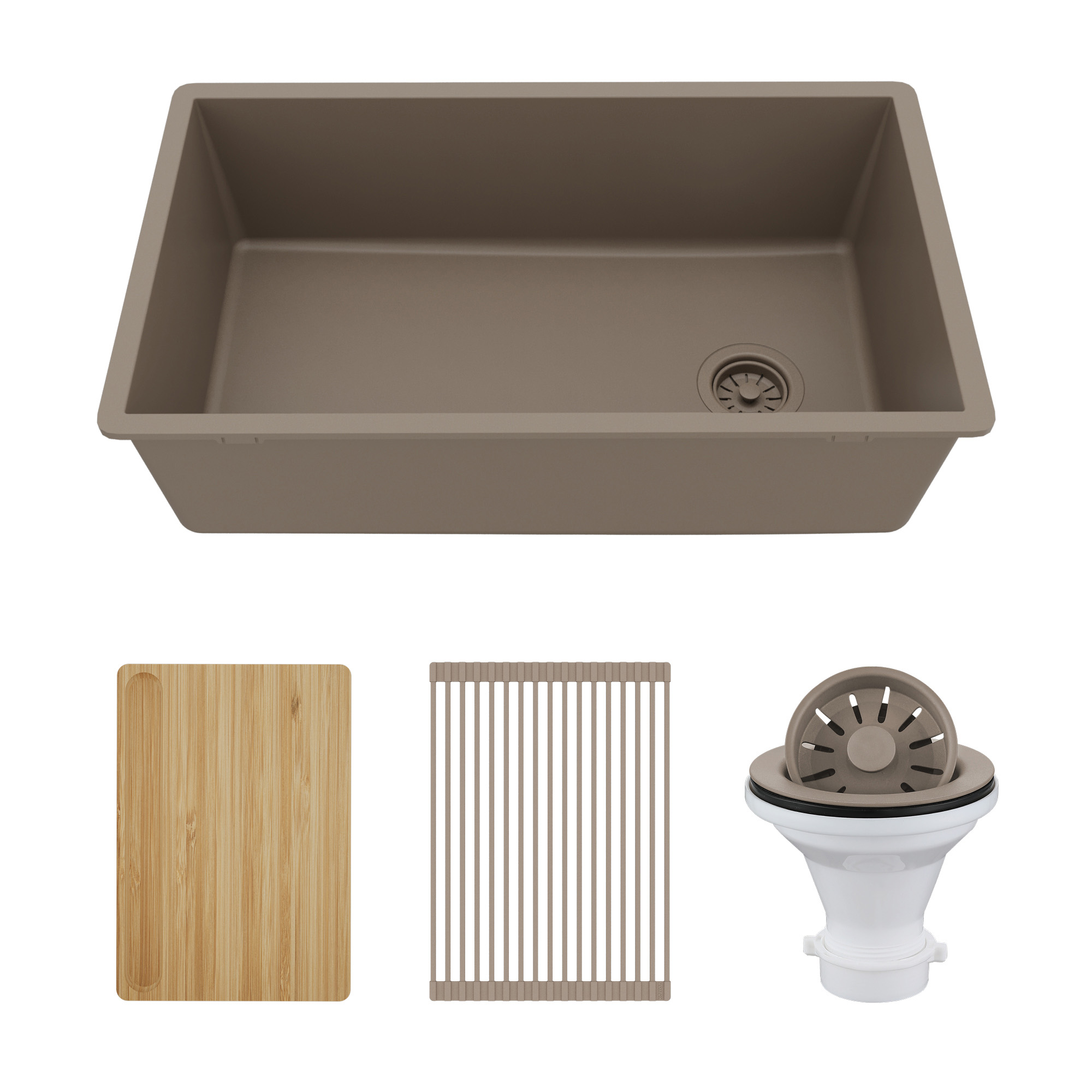 31-3/8" Undermount Large Single Bowl Quartz Composite Workstation Kitchen Sink Kit In Concrete