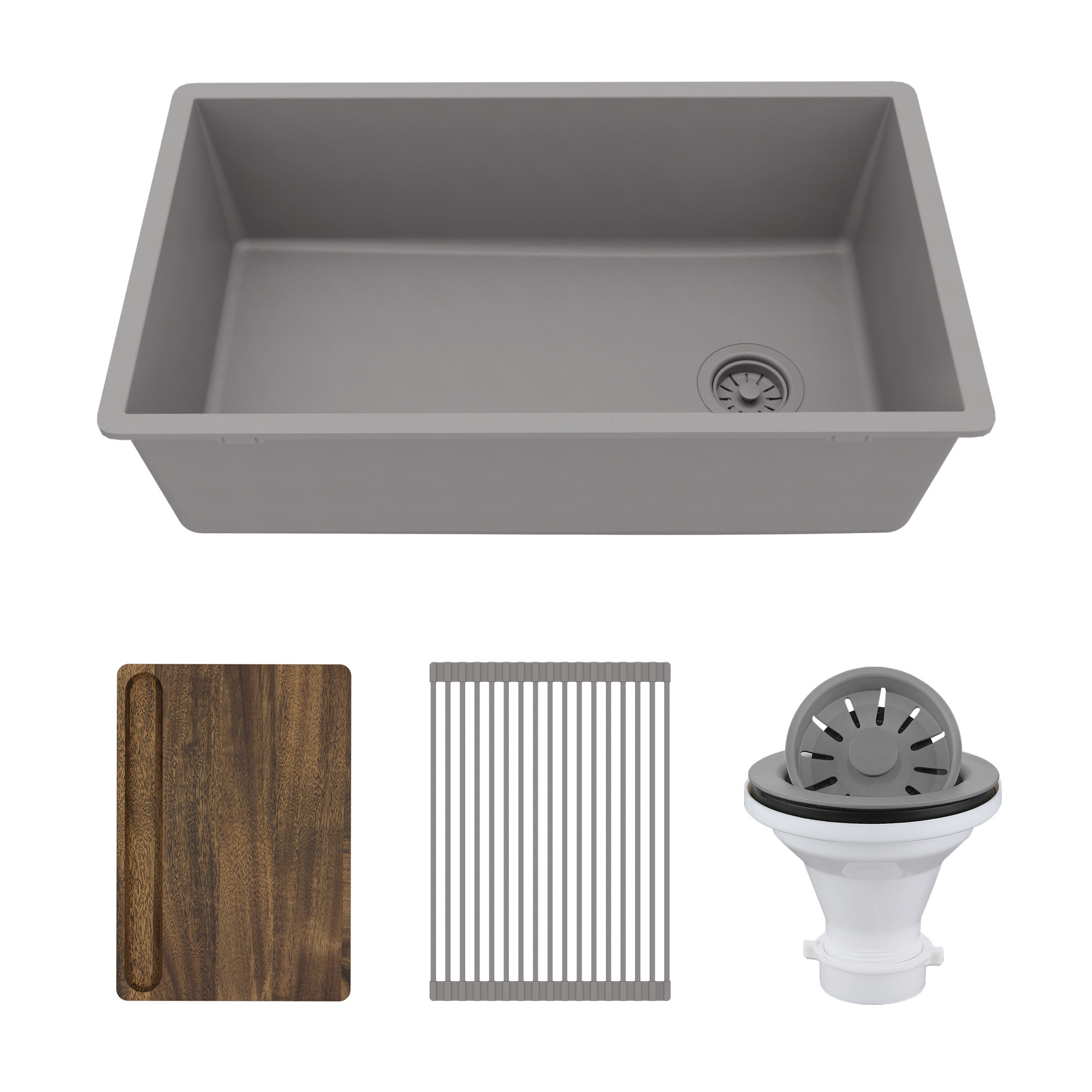 31-3/8" Undermount Large Single Bowl Quartz Composite Workstation Kitchen Sink Kit In Grey