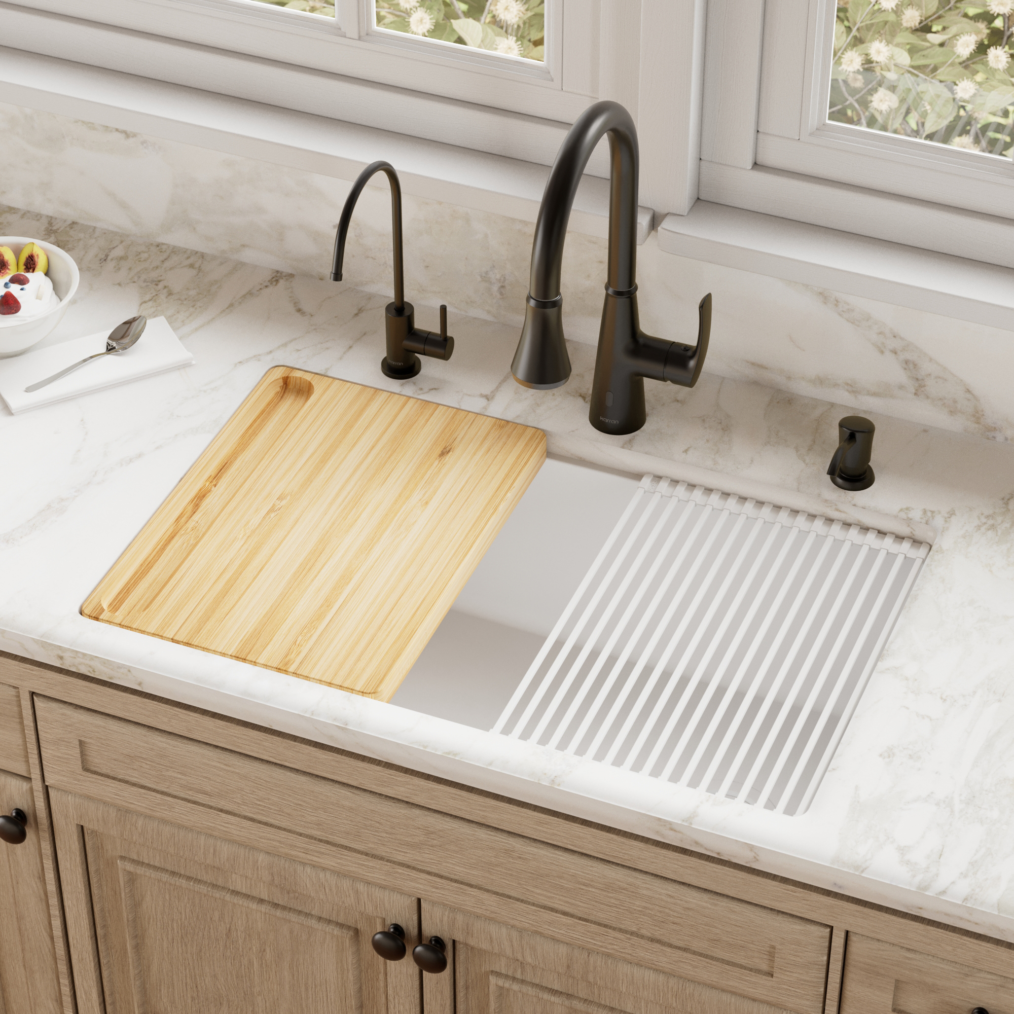 31-3/8" Undermount Large Single Bowl Quartz Composite Workstation Kitchen Sink Kit In White