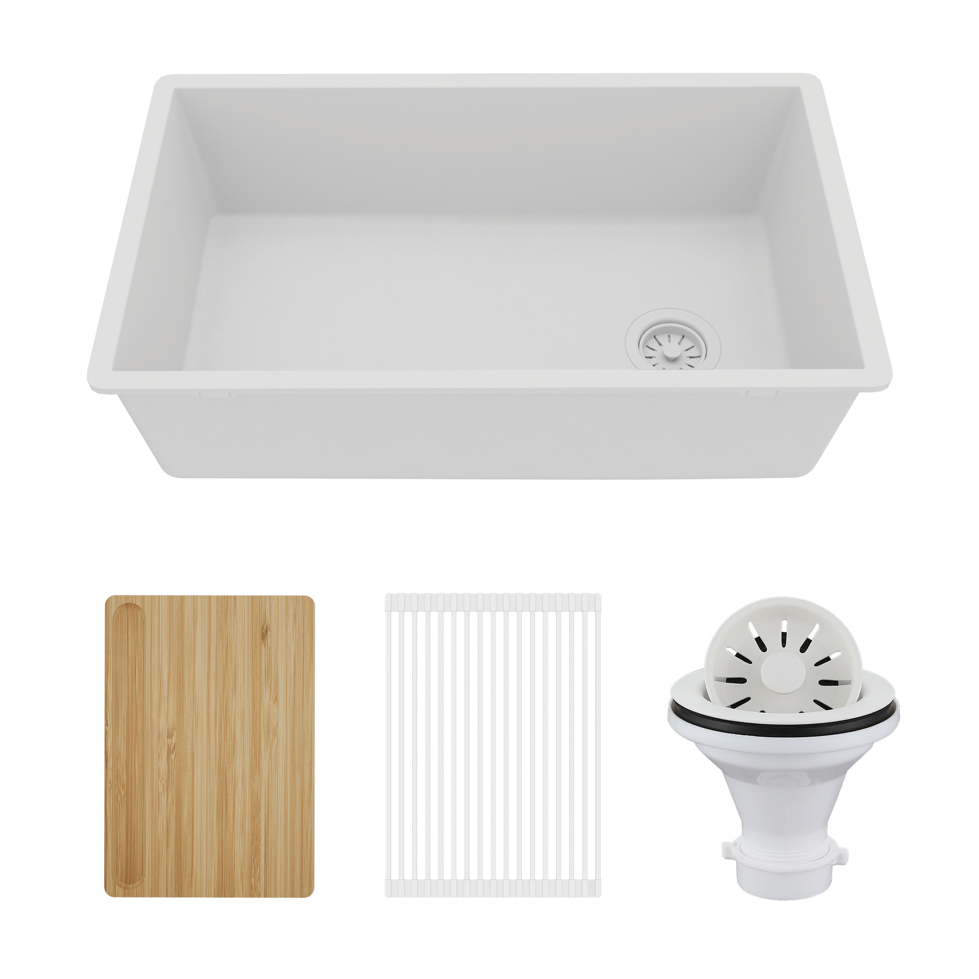 31-3/8" Undermount Large Single Bowl Quartz Composite Workstation Kitchen Sink Kit In White