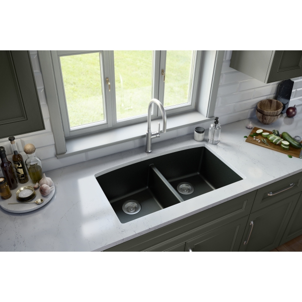 32-1/2" Undermount Double Equal Bowl Quartz Composite Kitchen Sink Kit In Black