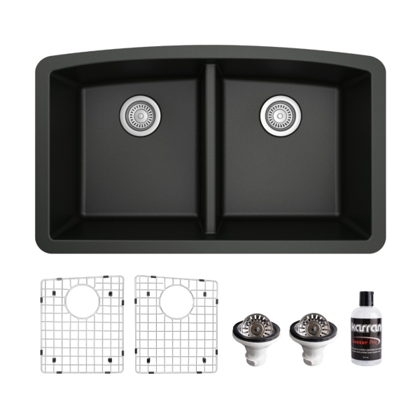 32-1/2" Undermount Double Equal Bowl Quartz Composite Kitchen Sink Kit In Black