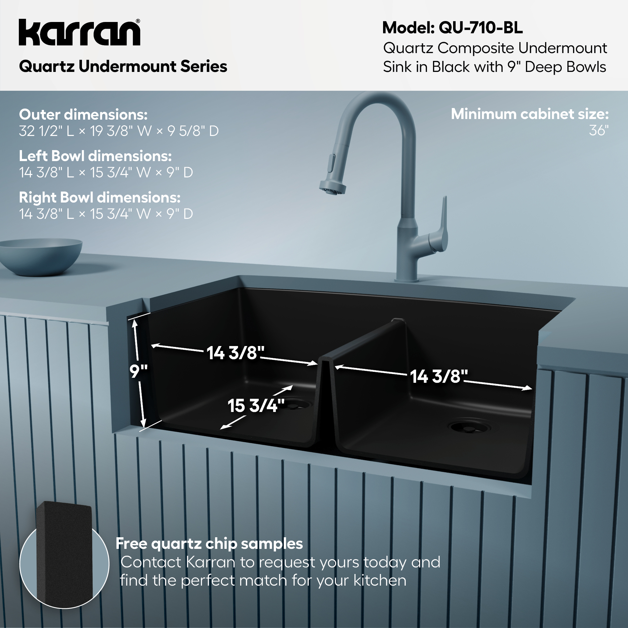 32-1/2" Undermount Double Equal Bowl Quartz Composite Kitchen Sink In Black