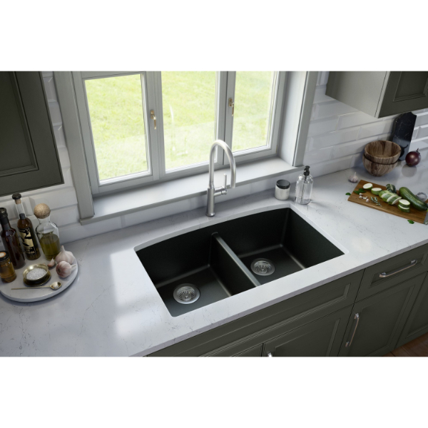 32-1/2" Undermount Double Equal Bowl Quartz Composite Kitchen Sink In Black