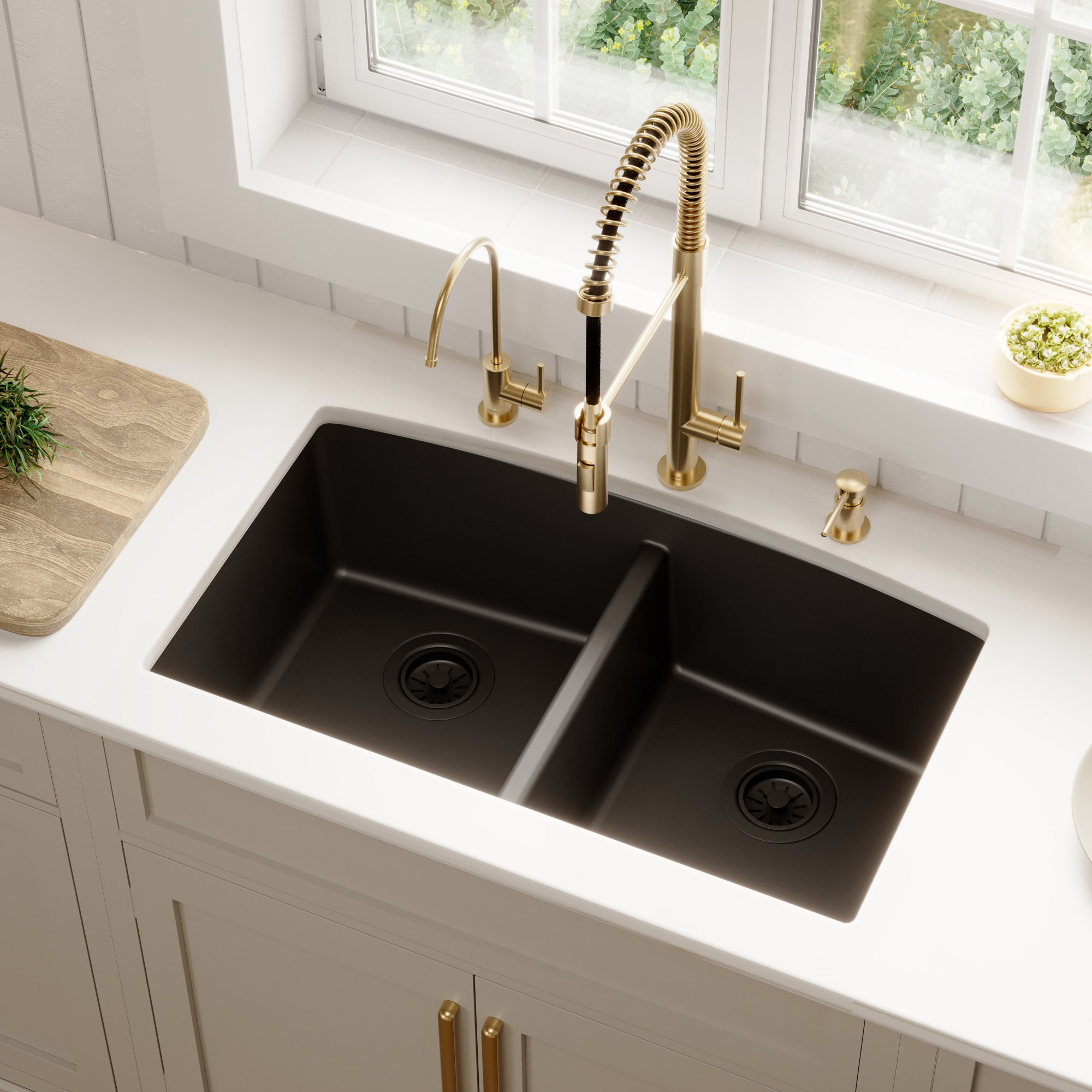32-1/2" Undermount Double Equal Bowl Quartz Composite Kitchen Sink In Black