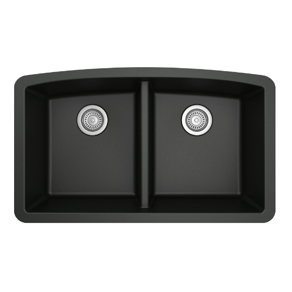 32-1/2" Undermount Double Equal Bowl Quartz Composite Kitchen Sink In Black