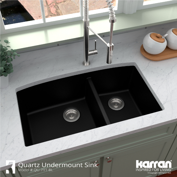 32-1/2" Undermount Double Offset Bowl Quartz Composite Kitchen Sink Kit In Black