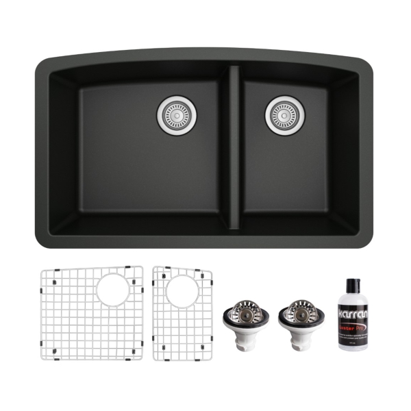 32-1/2" Undermount Double Offset Bowl Quartz Composite Kitchen Sink Kit In Black