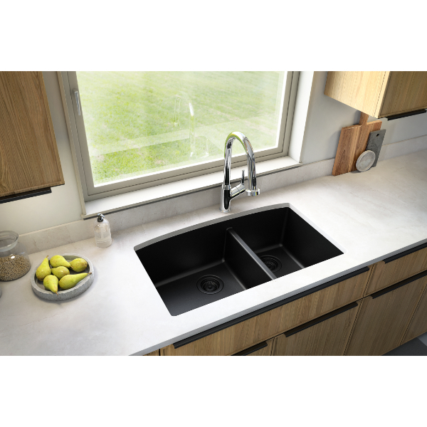 32-1/2" Undermount Double Offset Bowl Quartz Composite Kitchen Sink In Black