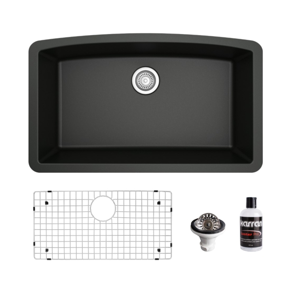 32-1/2" Undermount Large Single Bowl Quartz Composite Kitchen Sink Kit In Black