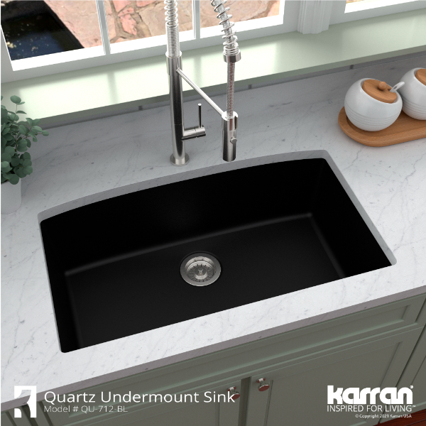 32-1/2" Undermount Large Single Bowl Quartz Composite Kitchen Sink In Black