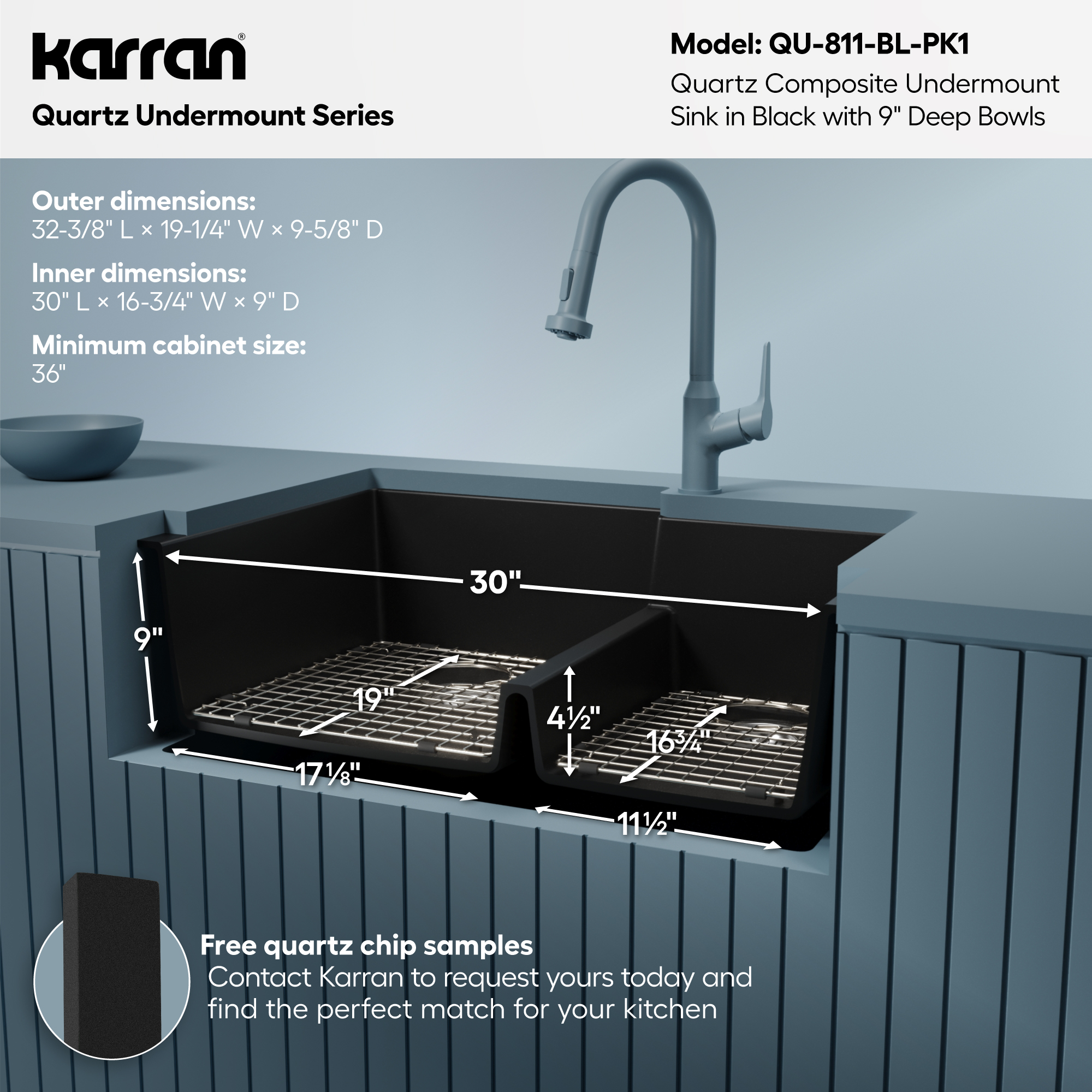 32" Undermount Double Offset Bowl Quartz Composite Kitchen Sink Kit In Black