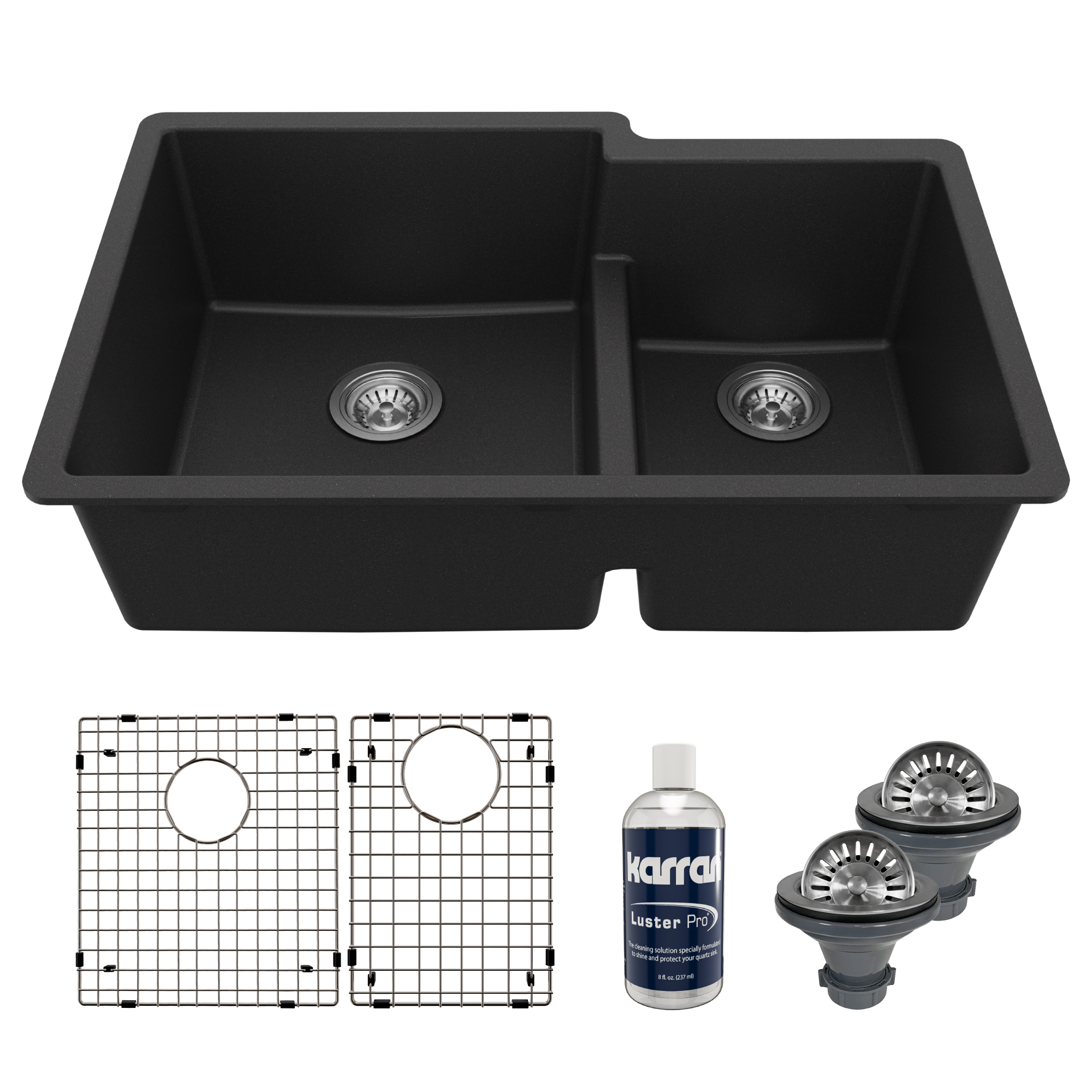 32" Undermount Double Offset Bowl Quartz Composite Kitchen Sink Kit In Black