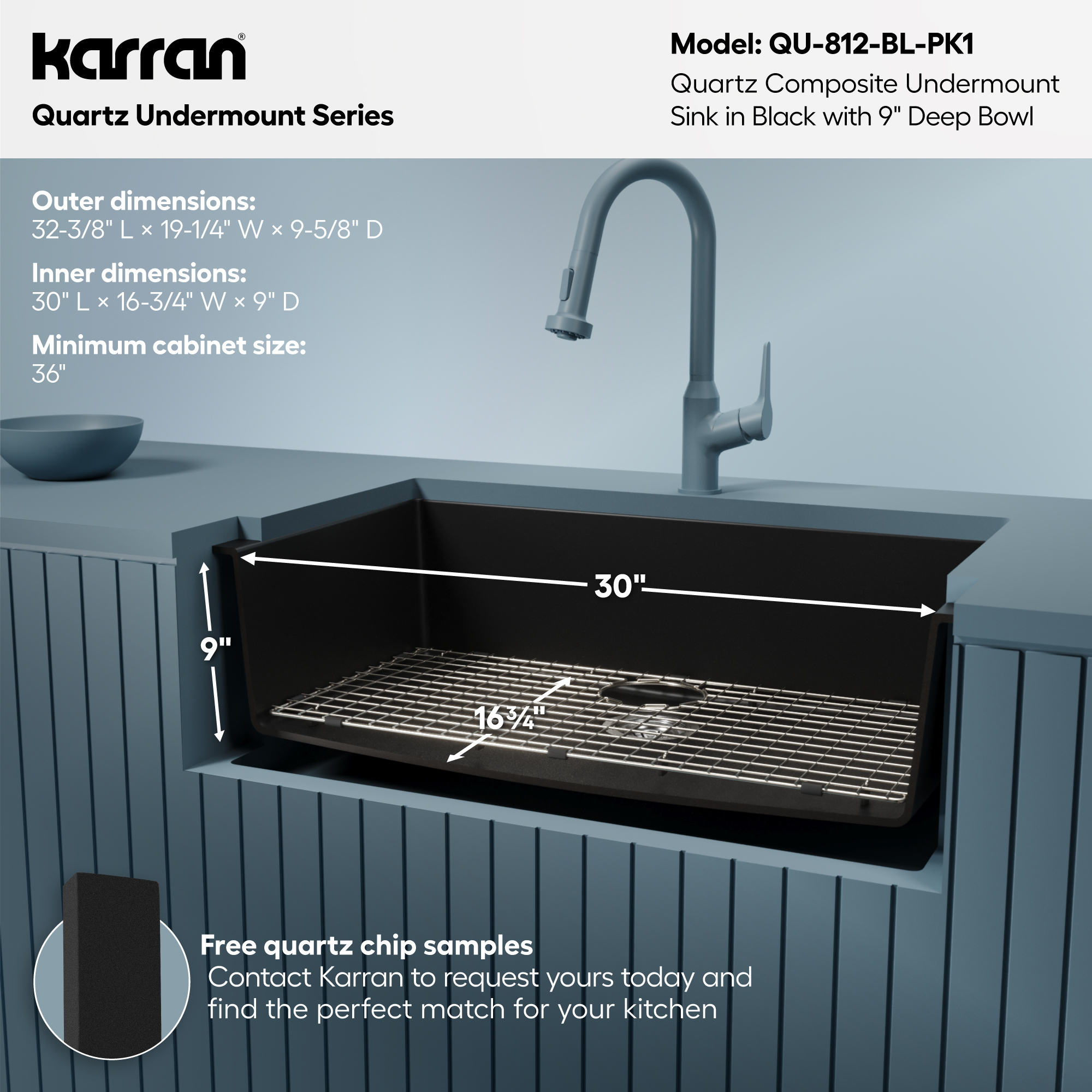 32-3/8" Undermount Large Single Bowl Quartz Composite Kitchen Sink Kit In Black