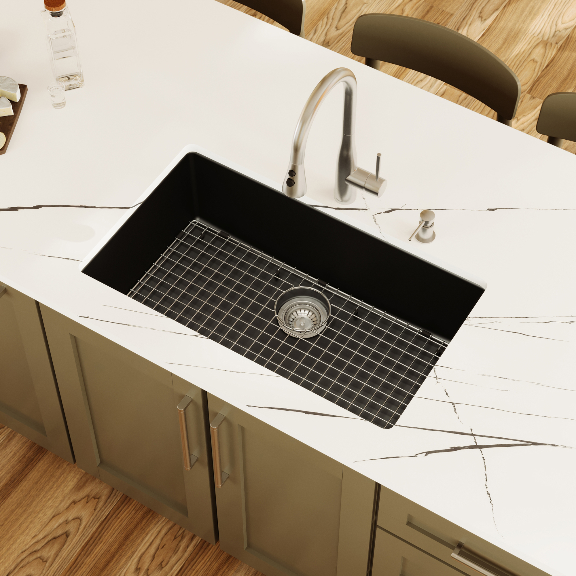 32-3/8" Undermount Large Single Bowl Quartz Composite Kitchen Sink Kit In Black