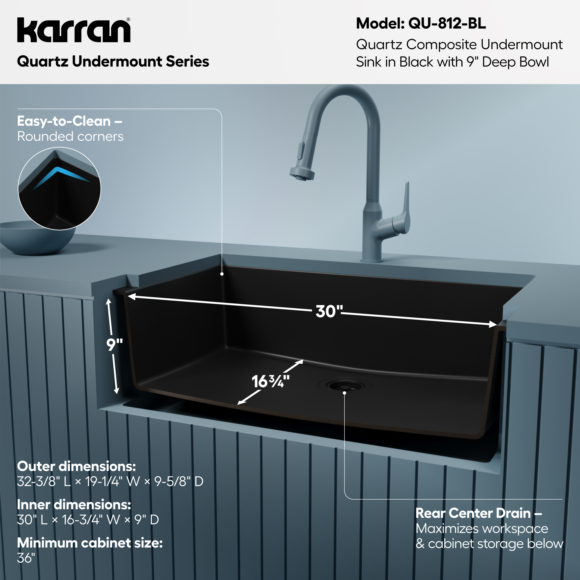 32-3/8" Undermount Large Single Bowl Quartz Composite Kitchen Sink In Black