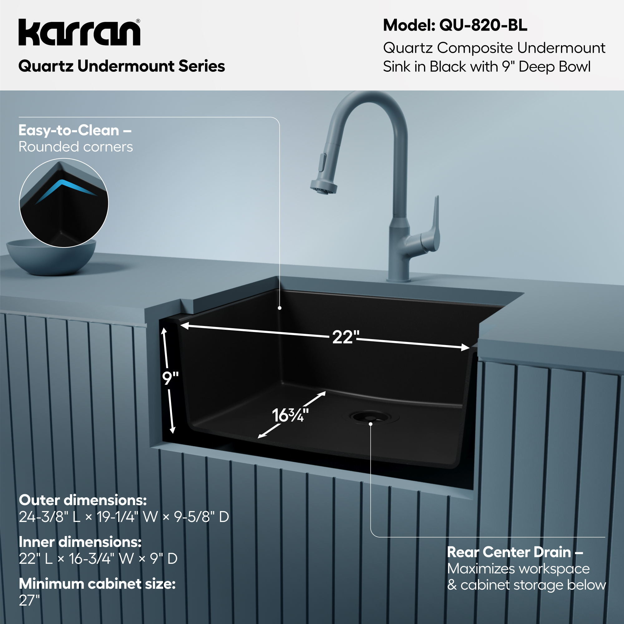 24-3/8" Undermount Single Bowl Quartz Composite Kitchen Sink In Black