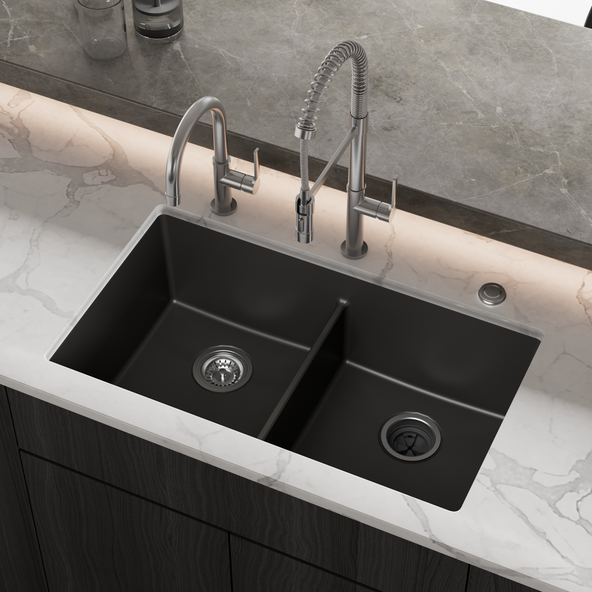 32-3/8" Undermount Double Equal Bowl Quartz Composite Kitchen Sink In Black