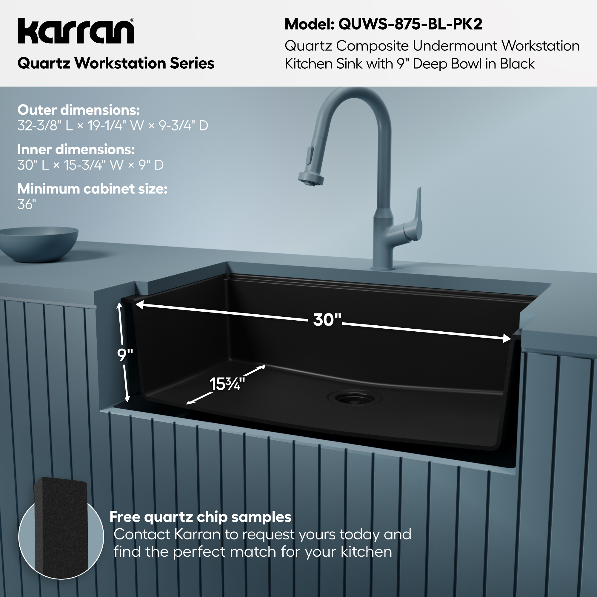 32" Undermount Single Bowl Quartz Kitchen Sink Kit In Black
