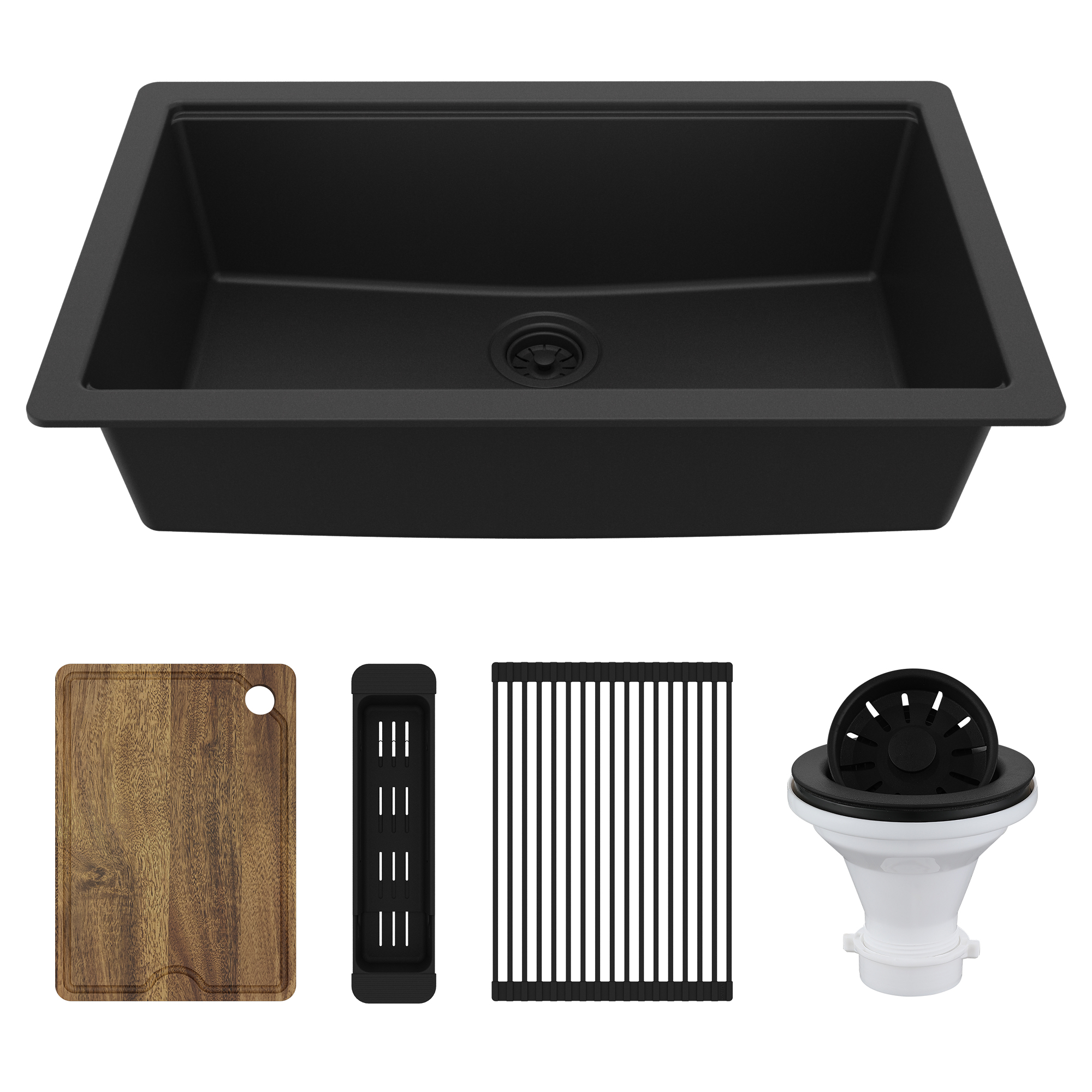 32" Undermount Single Bowl Quartz Kitchen Sink Kit In Black
