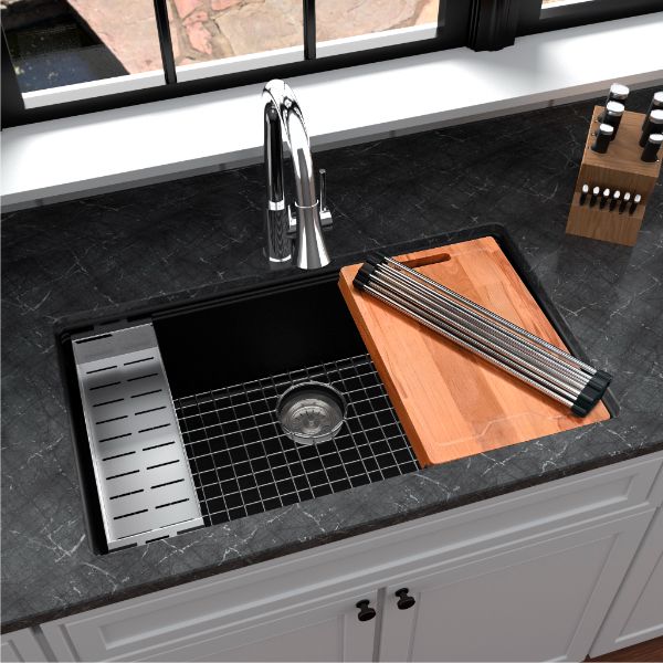 32" Undermount Large Single Bowl Quartz Composite Workstation Kitchen Sink In Black