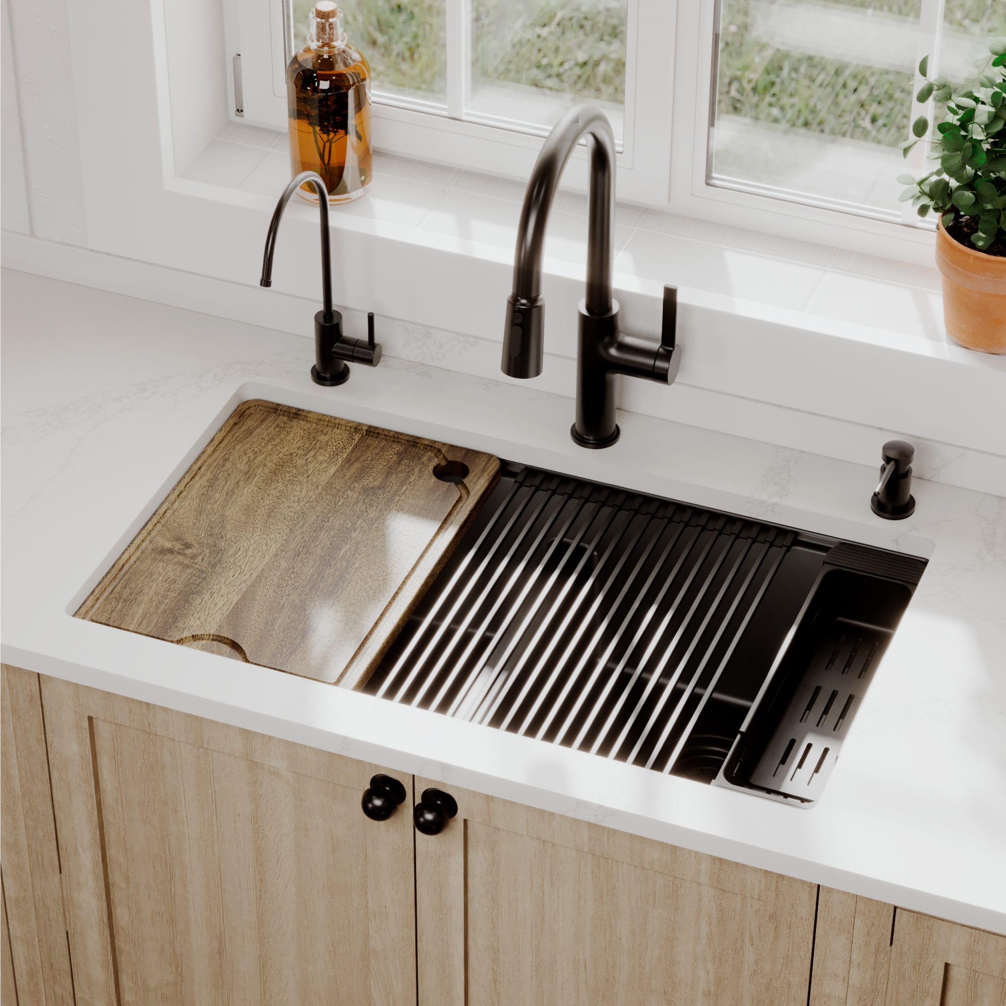 32" Undermount Double Bowl Quartz Kitchen Sink Kit In Black