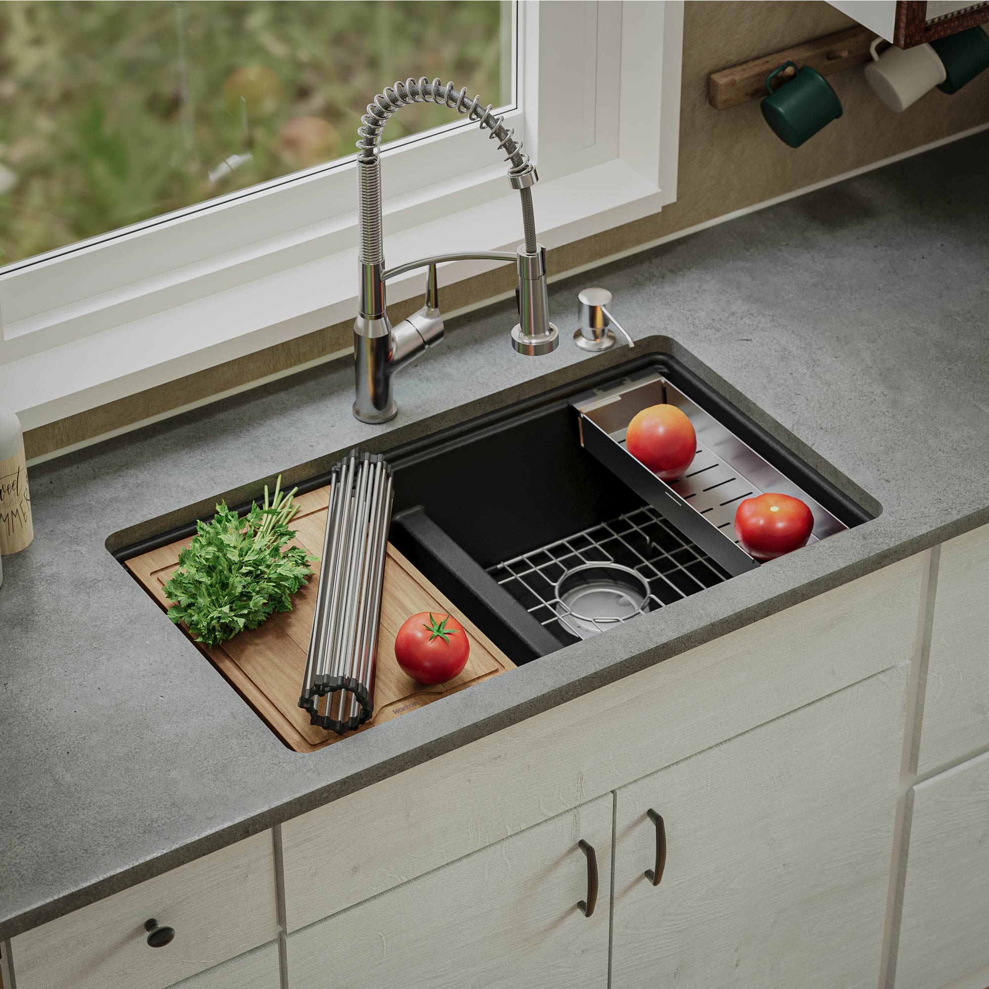 32-1/2" Undermount Double Equal Bowl Quartz Composite Workstation Kitchen Sink In Black