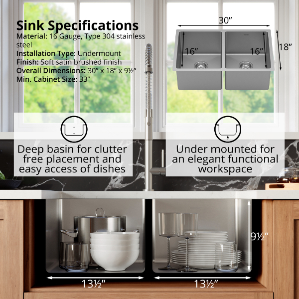 Select 30" Undermount 16 Gauge Double Bowl Stainless Steel Kitchen Sink with Accessories
