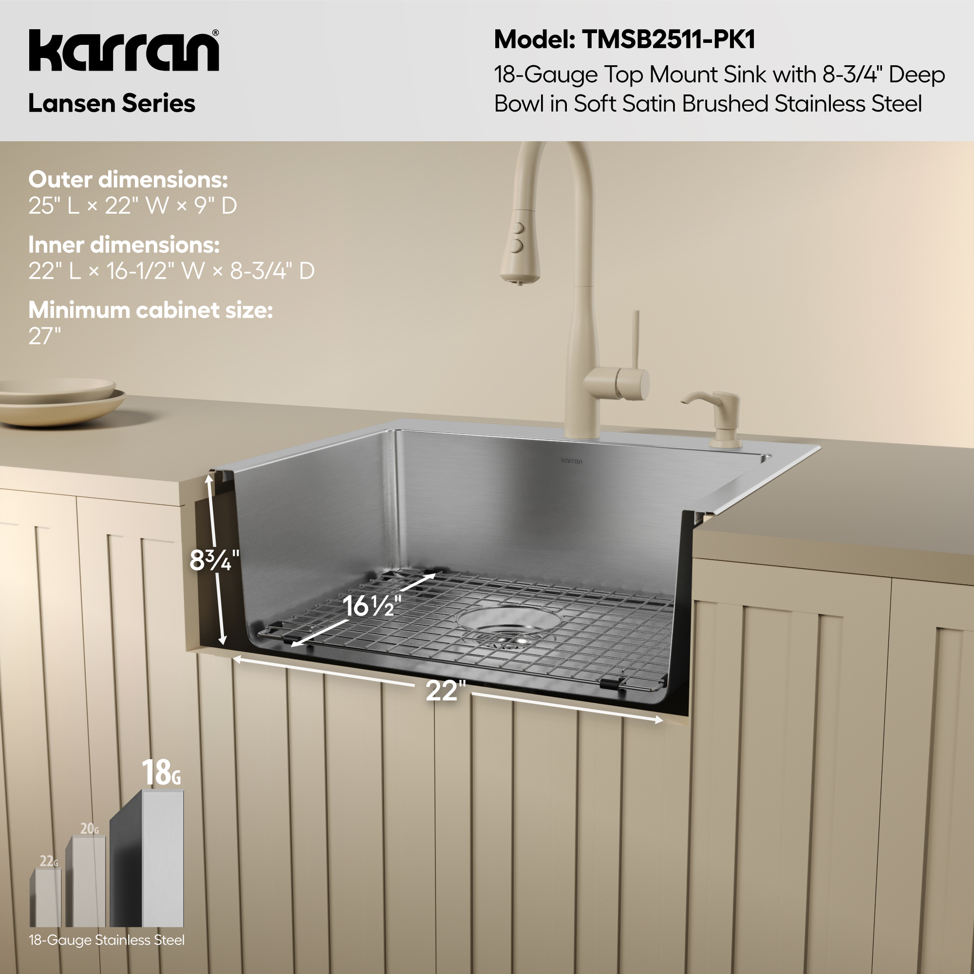 Lansen 25" Top Mount 18 Gauge Single Bowl Stainless Steel Sink with Accessories
