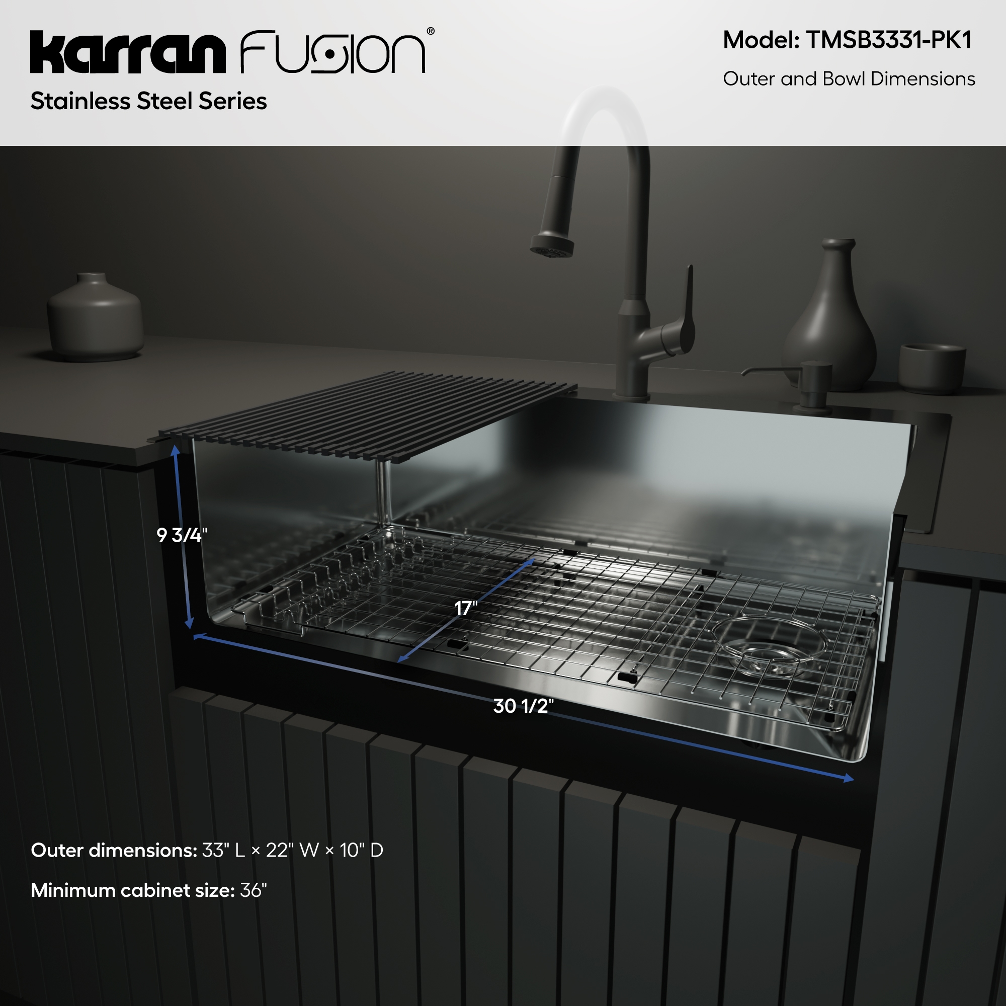 Fusion 33" Top Mount 16 Gauge Single Bowl Stainless Steel Sink with Accessories