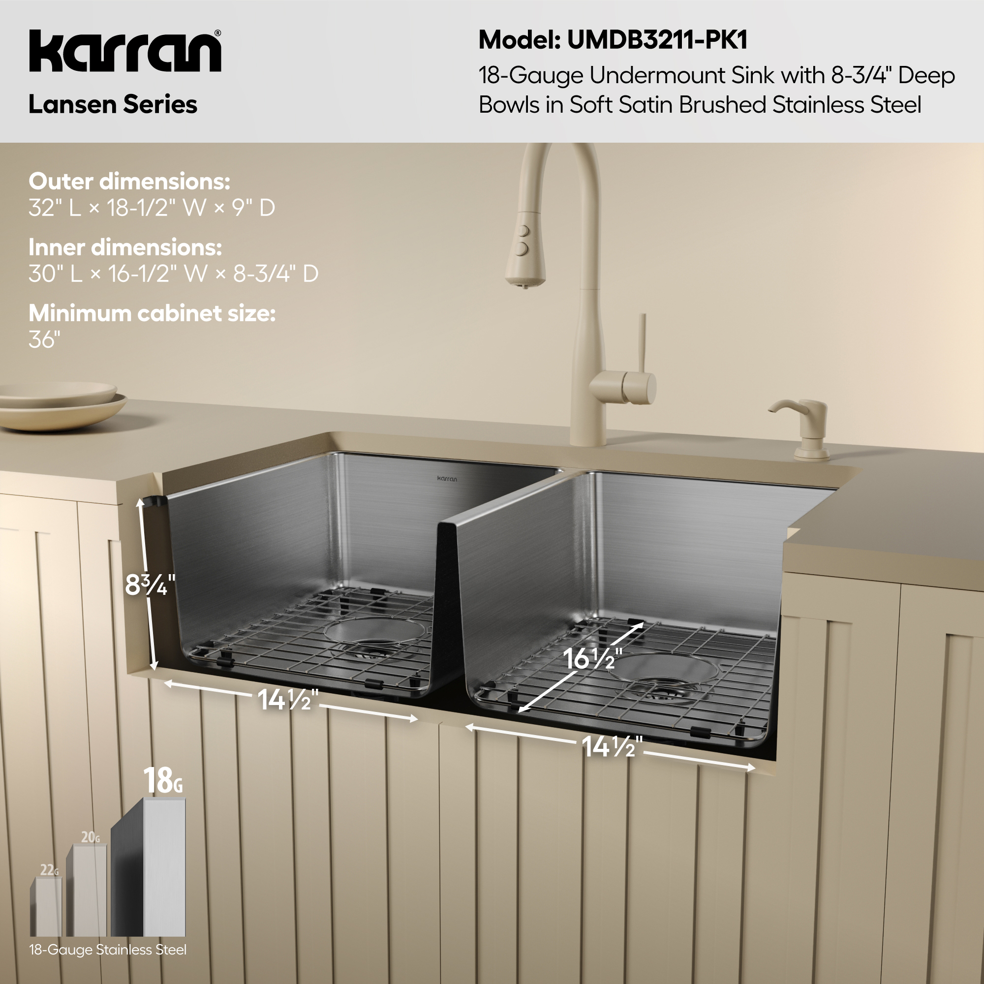 Lansen 32" Undermount 18 Gauge Double Equal Bowl Stainless Steel Sink with Accessories