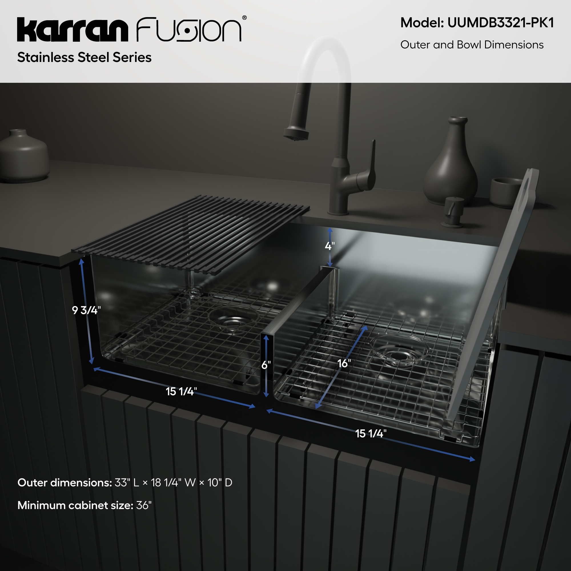 Fusion 33" Undermount 16 Gauge Double Bowl Stainless Steel Sink with Accessories