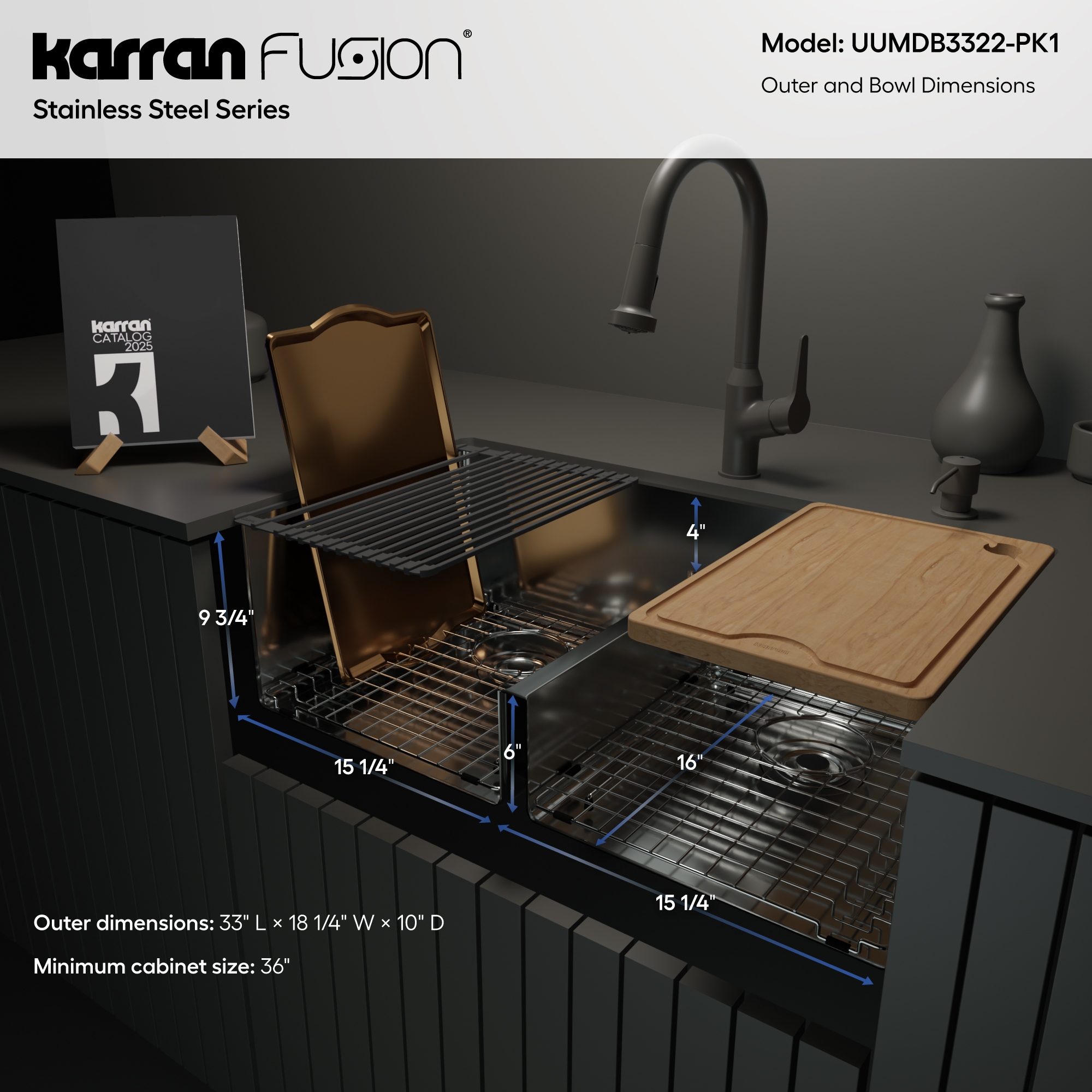 Fusion 33" Undermount Workstation 16 Gauge Double Bowl Stainless Steel Sink with Accessories