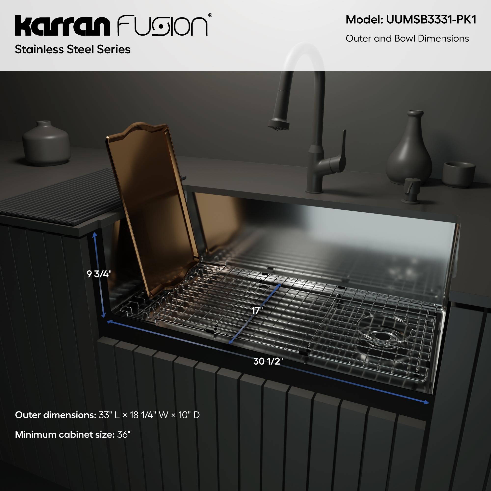 Fusion 33" Undermount 16 Gauge Single Bowl Stainless Steel Sink with Accessories
