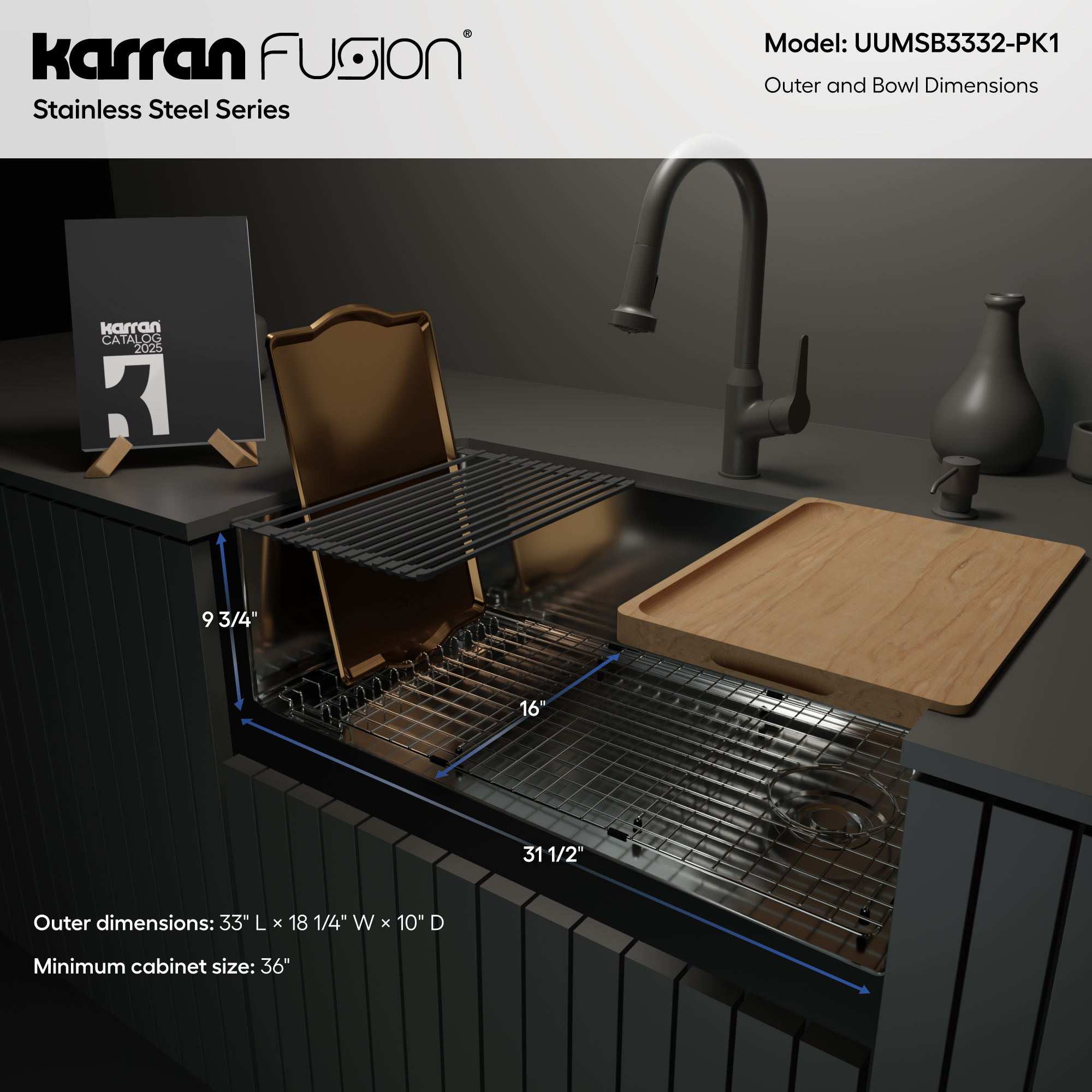 Fusion 33" Undermount Workstation 16 Gauge Single Bowl Stainless Steel Sink with Accessories