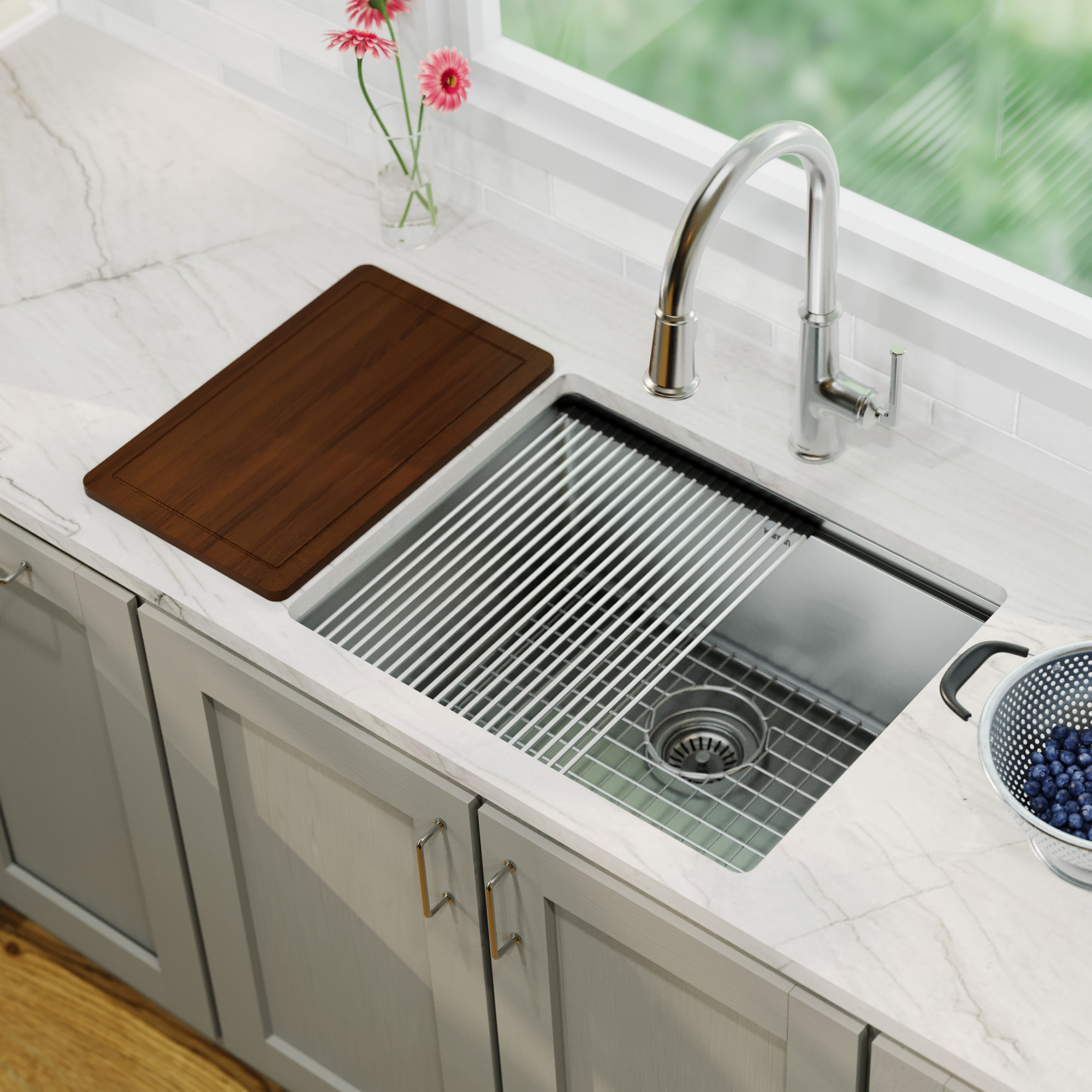 23" Undermount Single Bowl Stainless Steel Workstation Kitchen Sink