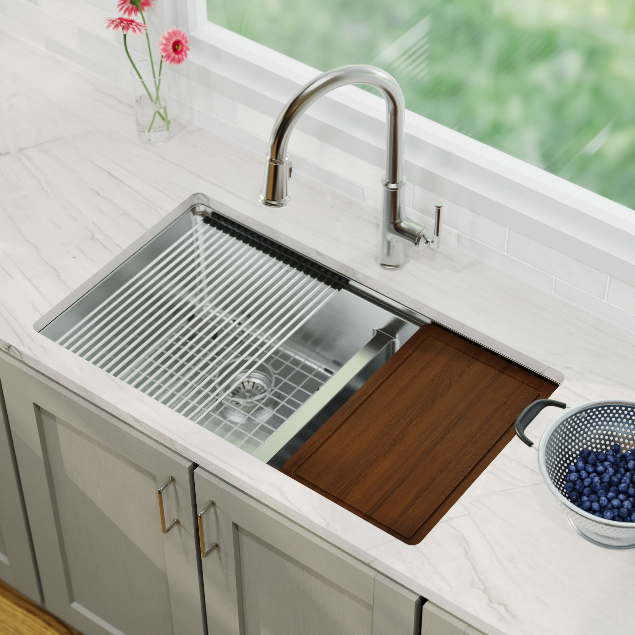 32" Undermount Double Offset Bowl Stainless Steel Workstation Kitchen Sink