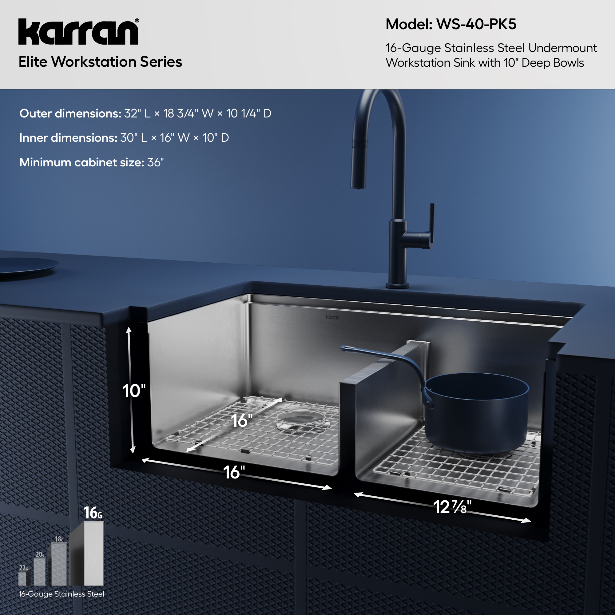 Elite 32" Undermount Workstation 16 Gauge Double Bowl Stainless Steel Kitchen Sink