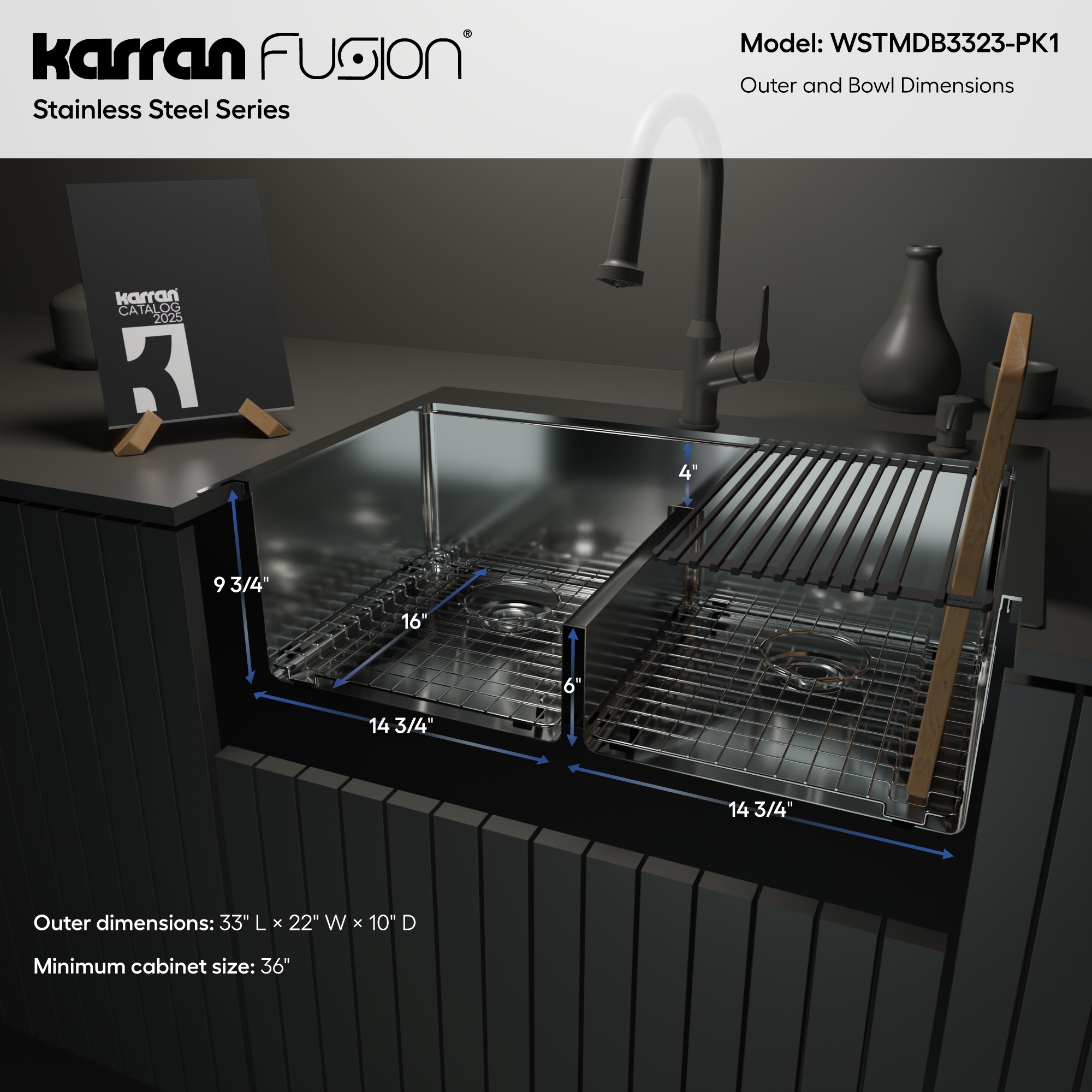 Fusion 33" Top Mount Workstation 16 Gauge Double Bowl Stainless Steel Sink with Accessories