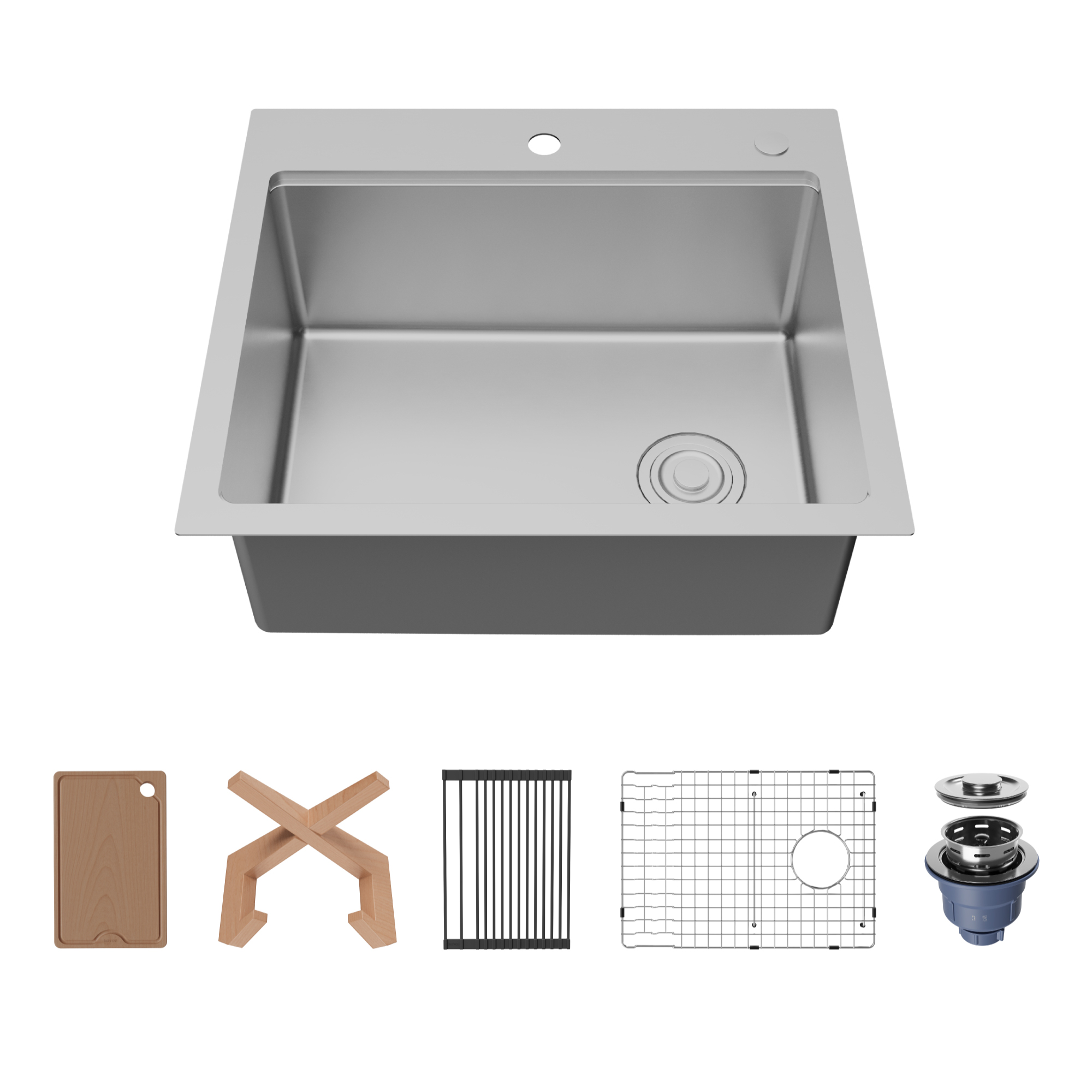 Fusion 25" Top Mount Workstation 16 Gauge Single Bowl Stainless Steel Sink with Accessories